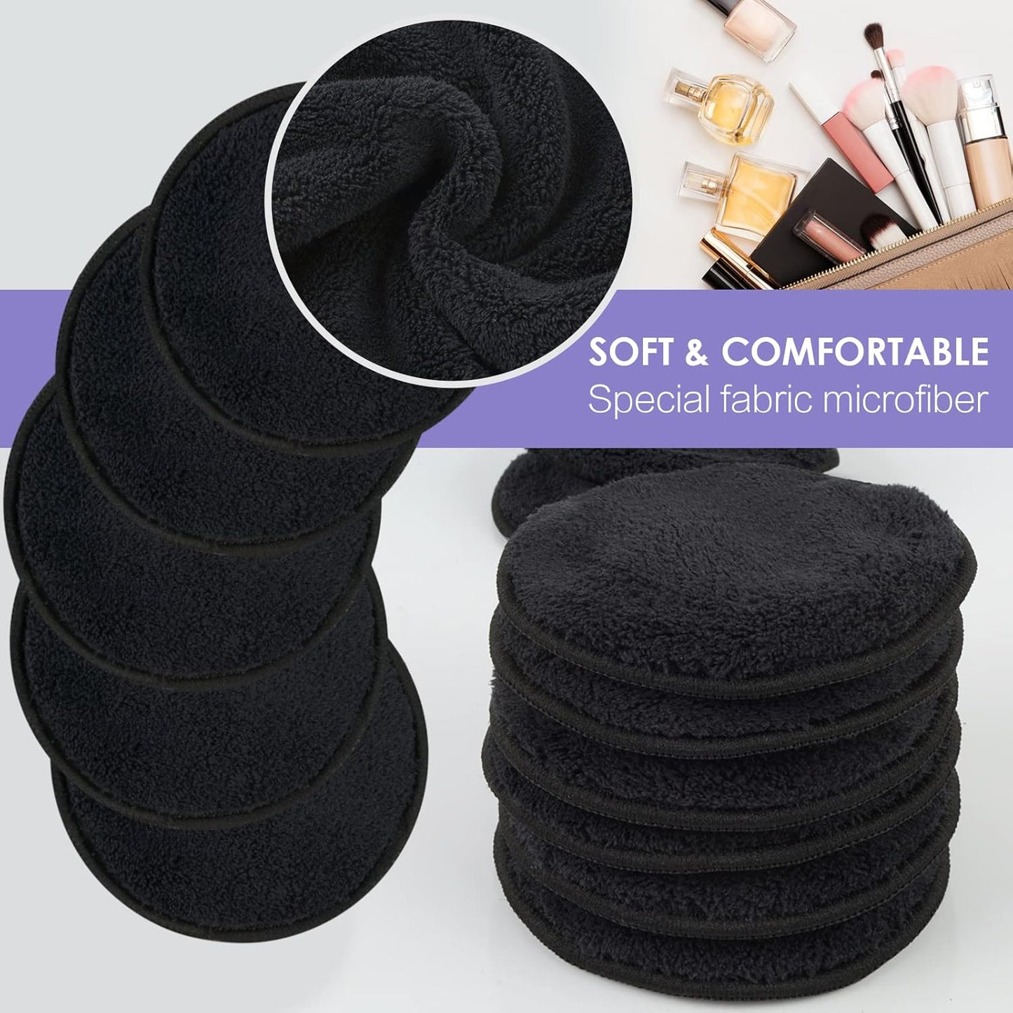 SUNLAND Reusable Makeup Remover Pads for Face,Eyes ,Lips 16 Pack Microfiber Face Cleansing Gloves Washable with Laundry Bag and Travel Bag Rounds Toner Pads (round 3.15inchx16, Black)