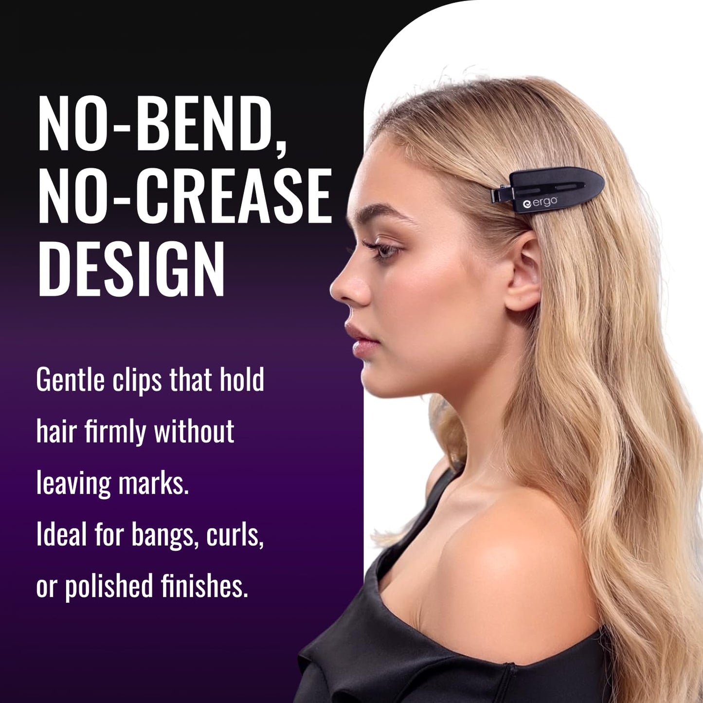 ERGO No-Crease Hair Clips – 4 Pcs Heat-Resistant Crimpless Clips for Hair Styling, Sectioning, Makeup | No Bend Clips for Women, Curls, Bangs, Salon Use