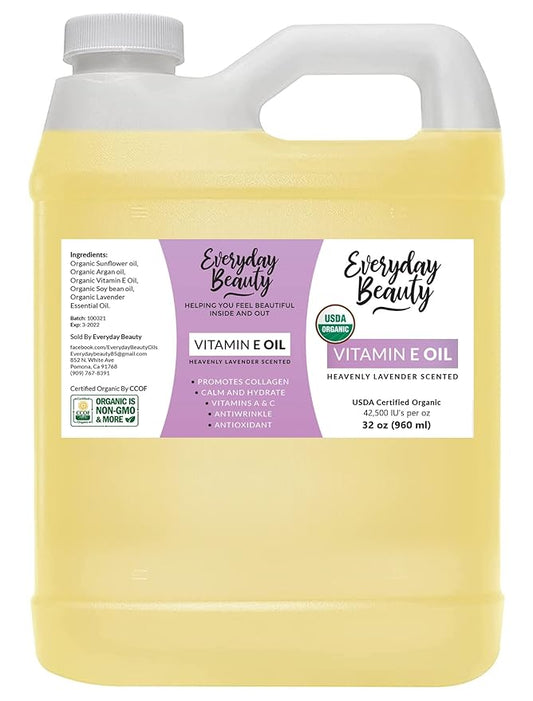 Organic Vitamin E Oil - Bulk 32 oz Heavenly Lavender Scented USDA Certified 100% All Natural Plant Based - Great for Scars After Surgery - For Face, Skin and Nails - Reduce Wrinkles, Anti Aging