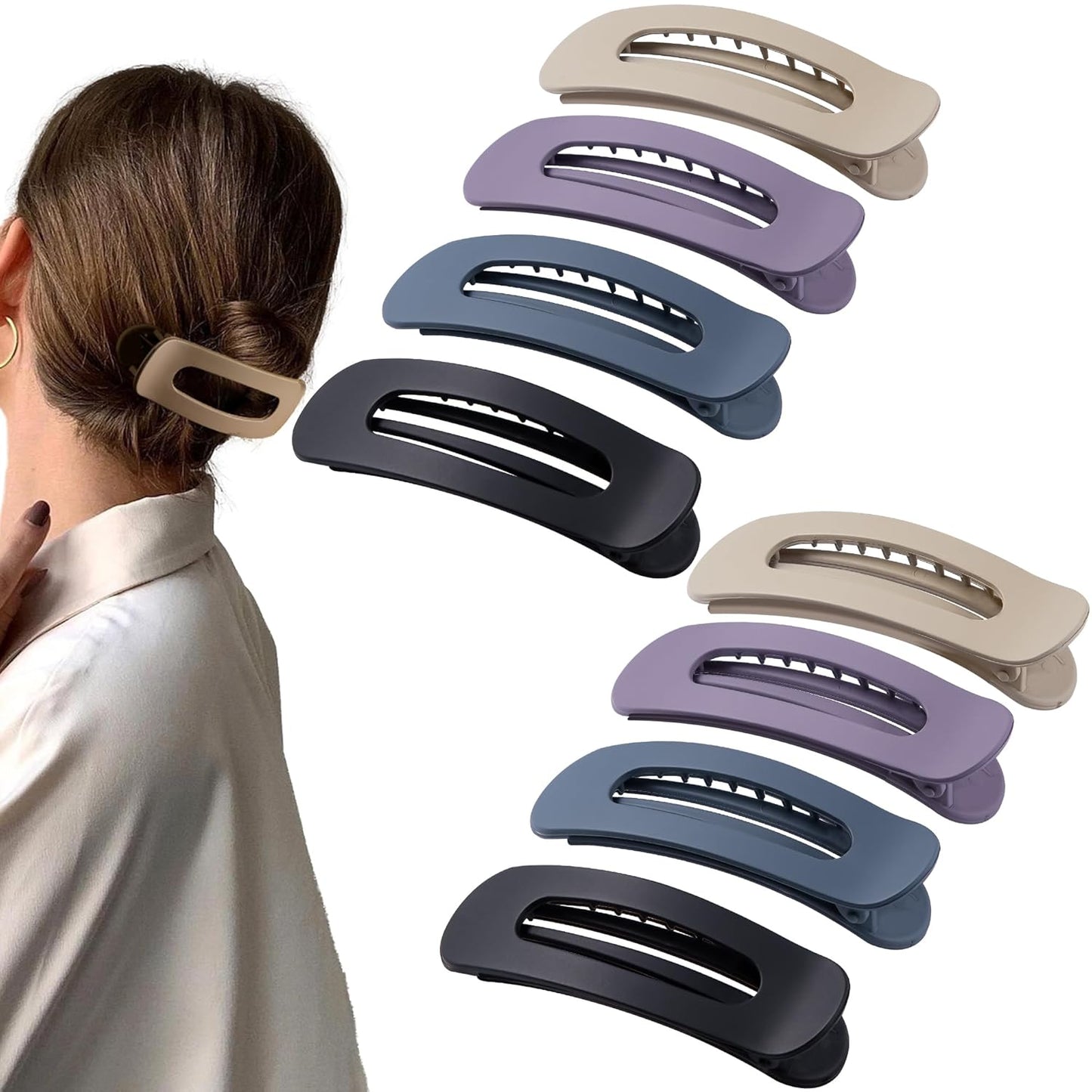 8 Pcs Large Lay Flat Claw Clips for Women French Side Slide Barrettes for Thin Fine Hair Rectangle Alligator Hair Accessories,Matte Khaki Purple Blue Black