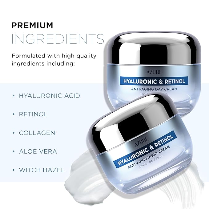Azure Cosmetics Dermatologist Tested Hyaluronic & Retinol Day & Night Face Moisturizer - K Beauty Anti-Aging Cream for Dark Spot Corrector & Wrinkle Repair, Korean Skincare - All Skin Type 1.69 fl oz