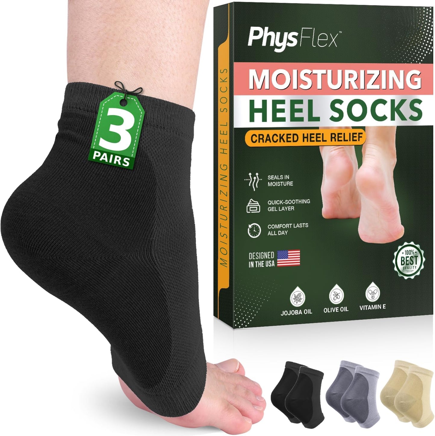 Moisturizing Heel Socks for Cracked Heels - Gel Socks for Dry Cracked Feet Repair - Silicone Socks for Women’s Foot Treatment & Overnight Hydration (Black/Grey/Beige, 3-Pair)