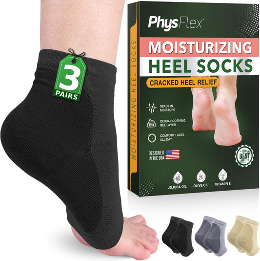 Moisturizing Heel Socks for Cracked Heels - Gel Socks for Dry Cracked Feet Repair - Silicone Socks for Women’s Foot Treatment & Overnight Hydration (Black/Grey/Beige, 3-Pair)
