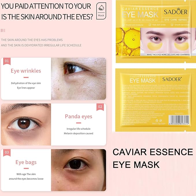 MEICOLY 30 Pads Eye and Lip Masks Sheet,Moisturizing Caviar Under Eye Mask,Hydrating Peach Lip Masks,Crystal Anti-Aging Eye Patches Dark Circle Remover with Box,15 Eye Mask+15 Lip Mask