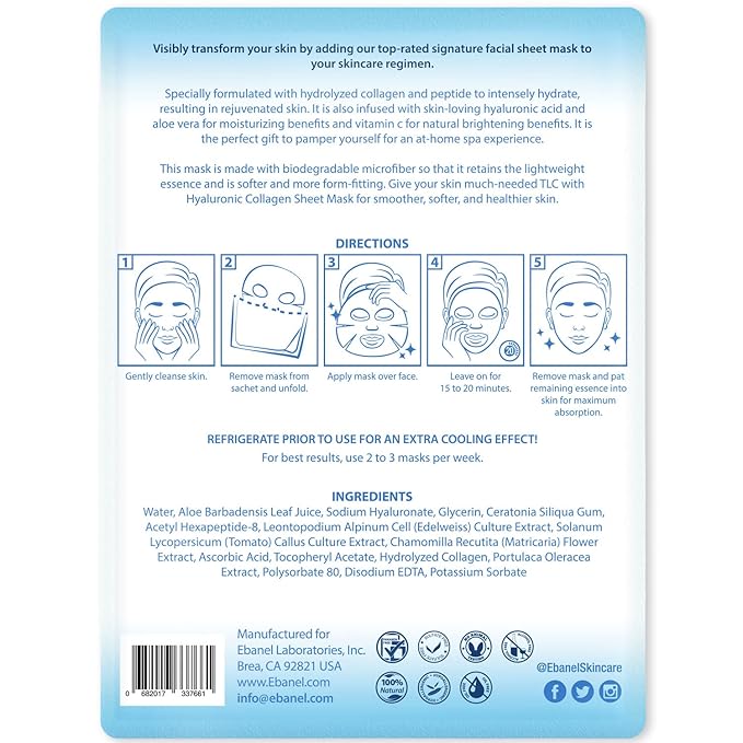 Ebanel 40 Pack Collagen Peptide Hydrating Face Masks, Instant Brightening Firming Anti Aging Face Sheet Masks, Moisturizing Spa Facial Mask Skincare with Hyaluronic Acid, Vitamin C, Chamomile, Aloe