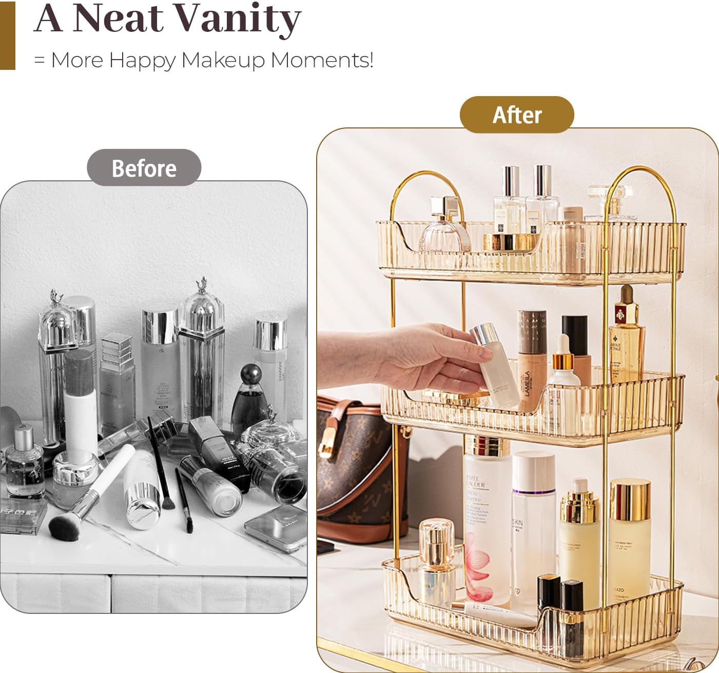 Bathroom Counter Organizer Countertop, 3 Tier Makeup Perfume Shelf Storage, Skincare Cosmetic Tray for Dresser Vanity - Gold