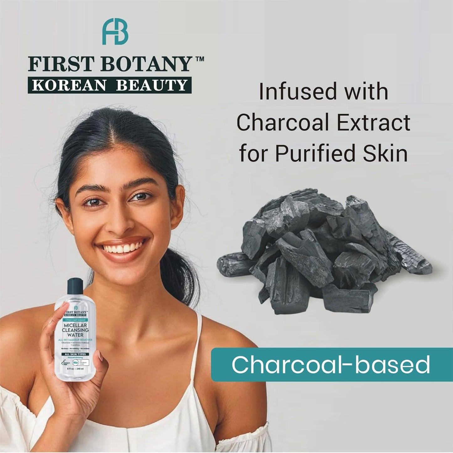 Korean Micellar Water Makeup Remover - Charcoal Hydrating Toner and Cleanser, Pore Cleansing,Oil-Free, Gentle for All Skin Types 8 oz,