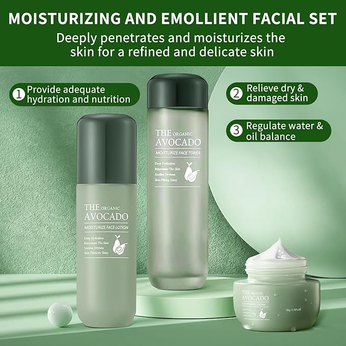 Avocado Skin Care Set, Skincare Gifts Kits For Hydrating Skin, Anti Aging Facial Kit For Women With Facial Cleanser, Toner, Face Serum, Lotion, Face Cream, Eye Cream. (6 Pieces)