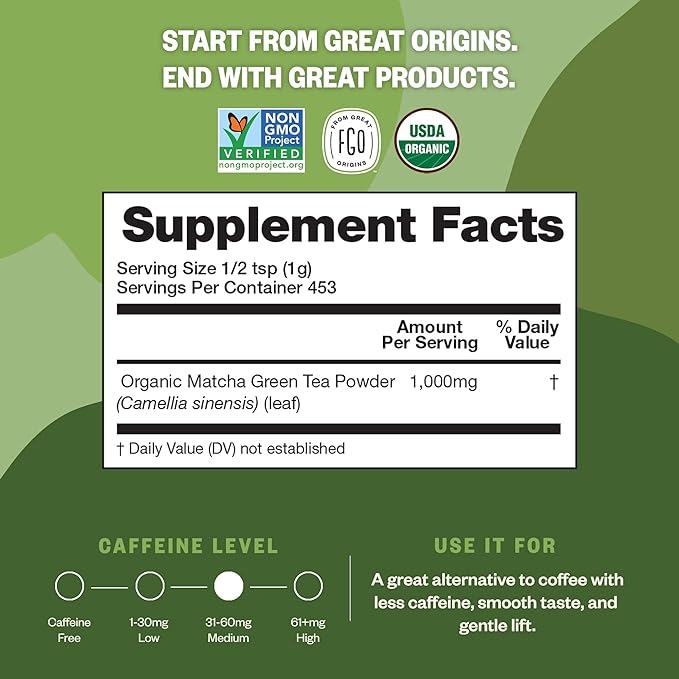 FGO Organic Matcha Green Tea Powder, Japanese Culinary Grade for Cooking, Baking, or Smoothies, 16oz Bulk Resealable Bag, Packaging May Vary (Pack of 1)