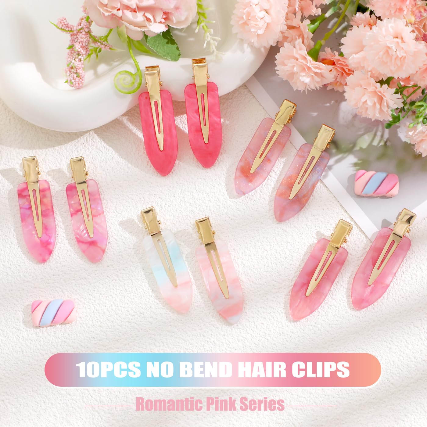 KesaPlan 10PCS No Bend Hair Clips, Pink No Crease Hair Clips for Styling, Acrylic Resin Flat Duckbill Clips, Seamless Bang Hair Barrette for Women Girls Makeup Hairstyle Accessories