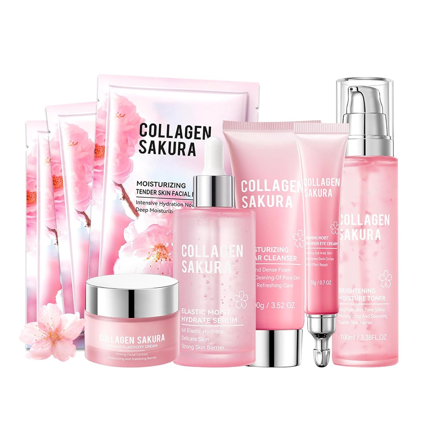 Sakura Skin Care Set,Moisturizing Skincare Kit with Face Cleanser,Facial Serum,Toner,Eye Cream,Face Cream and Hydrating Face Masks,Long-lasting Nourishing Skincare Set Facial Kit for Women（8pcs）