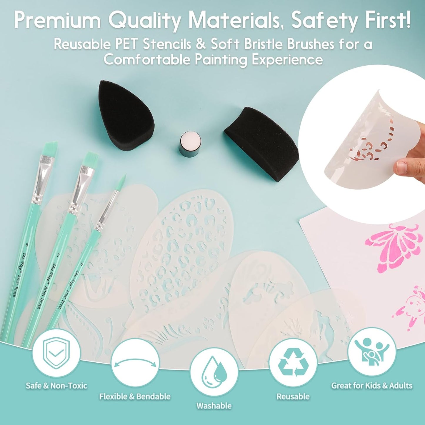 61-Piece Deluxe Face Painting brushes and Stencils Kit - Safe Non-Toxic face paint Stencils Set with 10 Pro Brushes, 8 sponges, 31 Reusable Stencils, 8 Stencils&More - For Carnival, Halloween&Parties