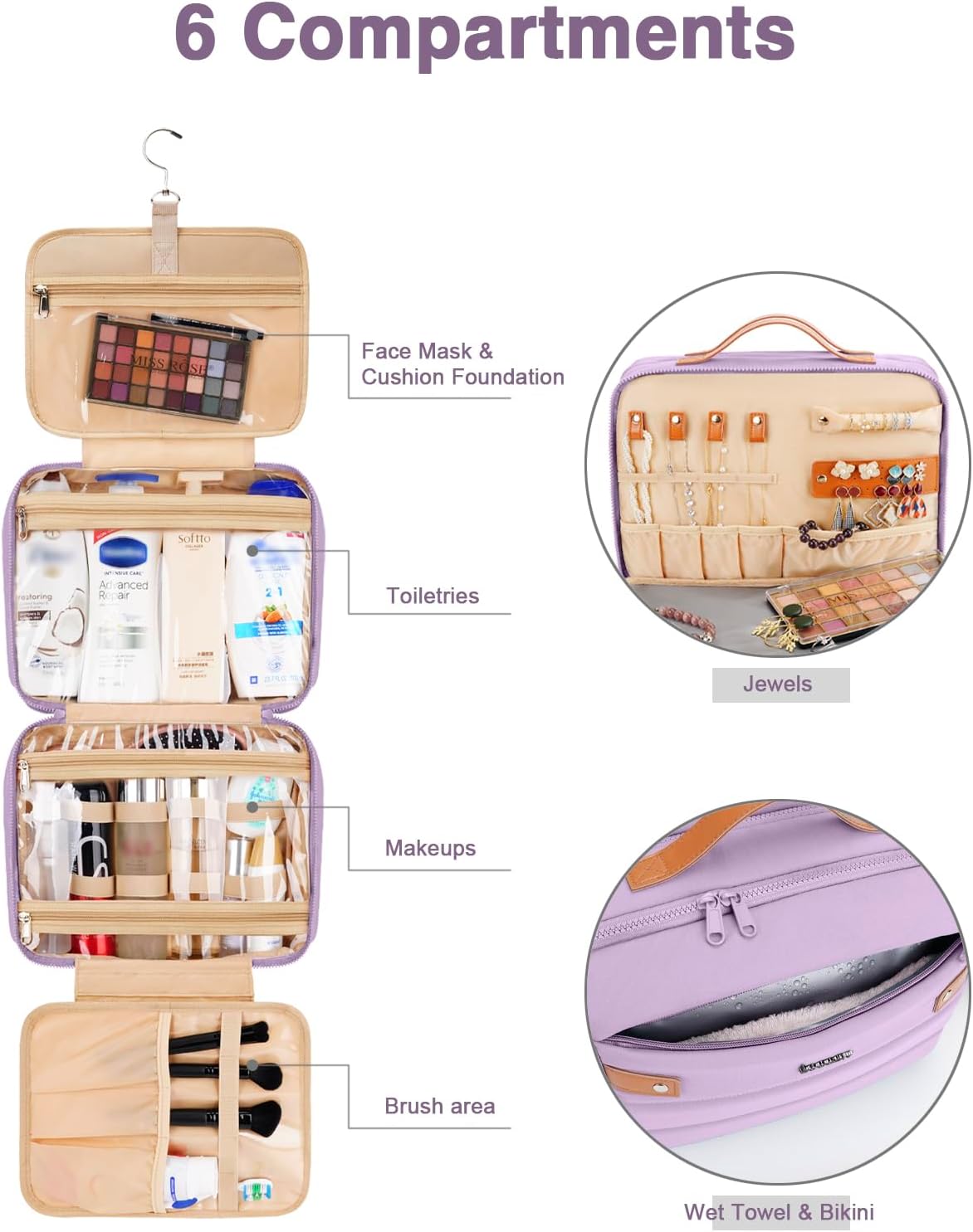 Women's Hanging Toiletry Bag, Waterproof Travel Cosmetic Organizer with Jewelry Storage, Large Capacity Makeup Case for Full-Size Skincare & Bathroom Essentials, Portable Cosmetic kit, Purple