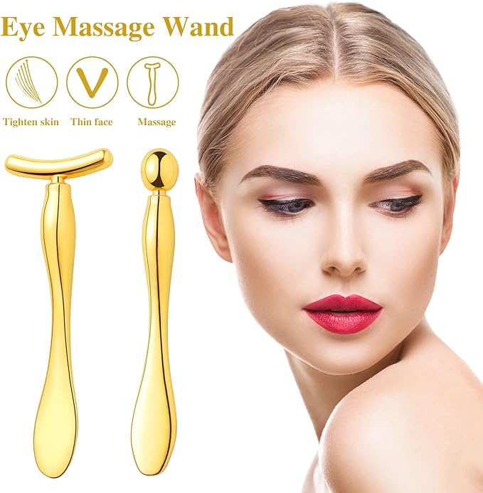 Pimoys 2 Pcs Metal Eye Cream Applicator Face Roller Massager Tool,Eye Massage Wand Stick Girls Women Facial Massager for Reducing Puffiness Wrinkle