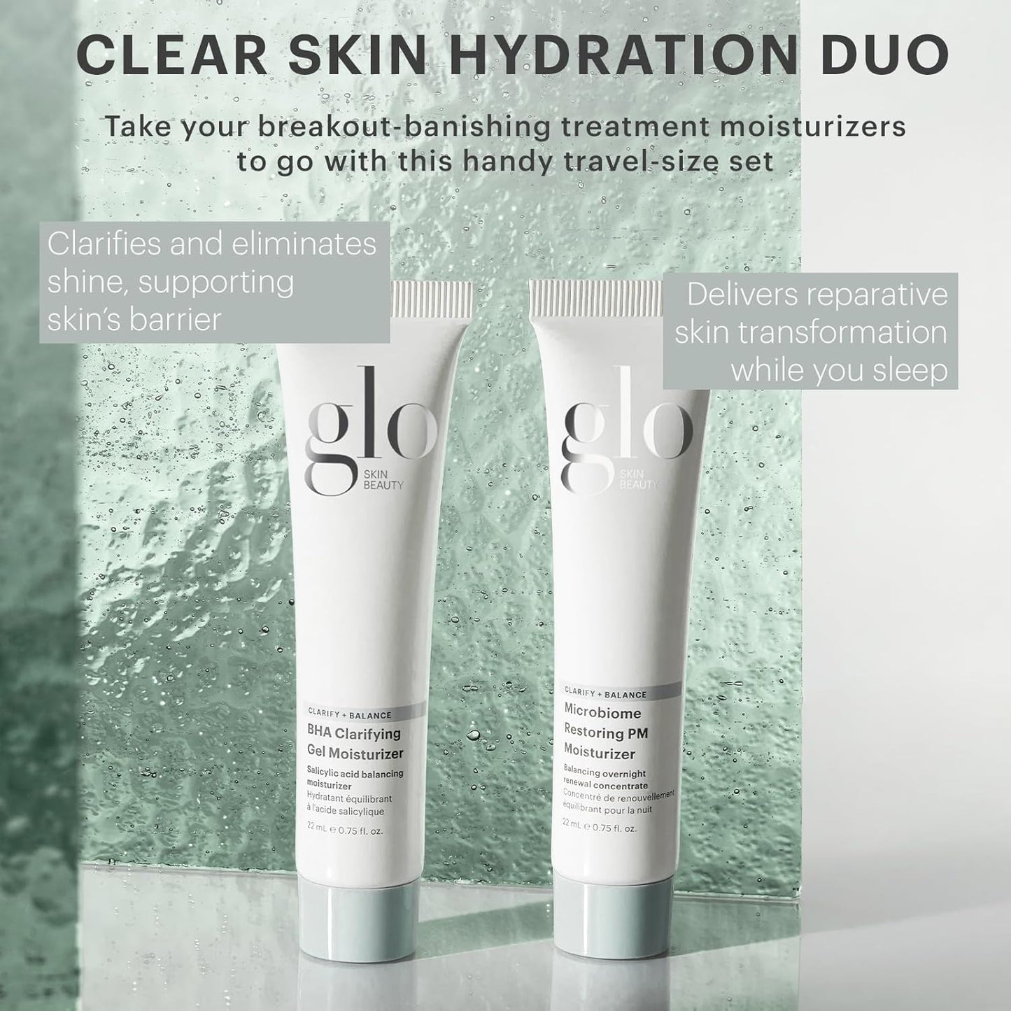 Glo Skin Beauty Clear Skin Hydration Duo Travel Size Skincare Set Includes BHA Clarifying Gel Moisturizer + Microbiome Restoring PM Moisturizer – For Clear Skin On The Go