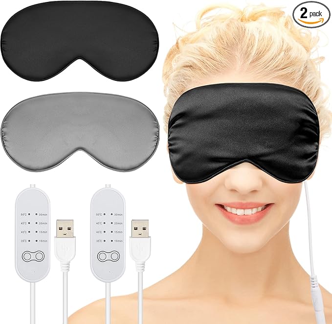 2 Pieces Silk Heated Eye Mask for Dry Eyes USB Steam Warm Compress for Puffy Eyes Adjustable Temp Sleep Eye Mask for Dry Eye, Chalazion, Blepharitis, Stye (Black, Grey)
