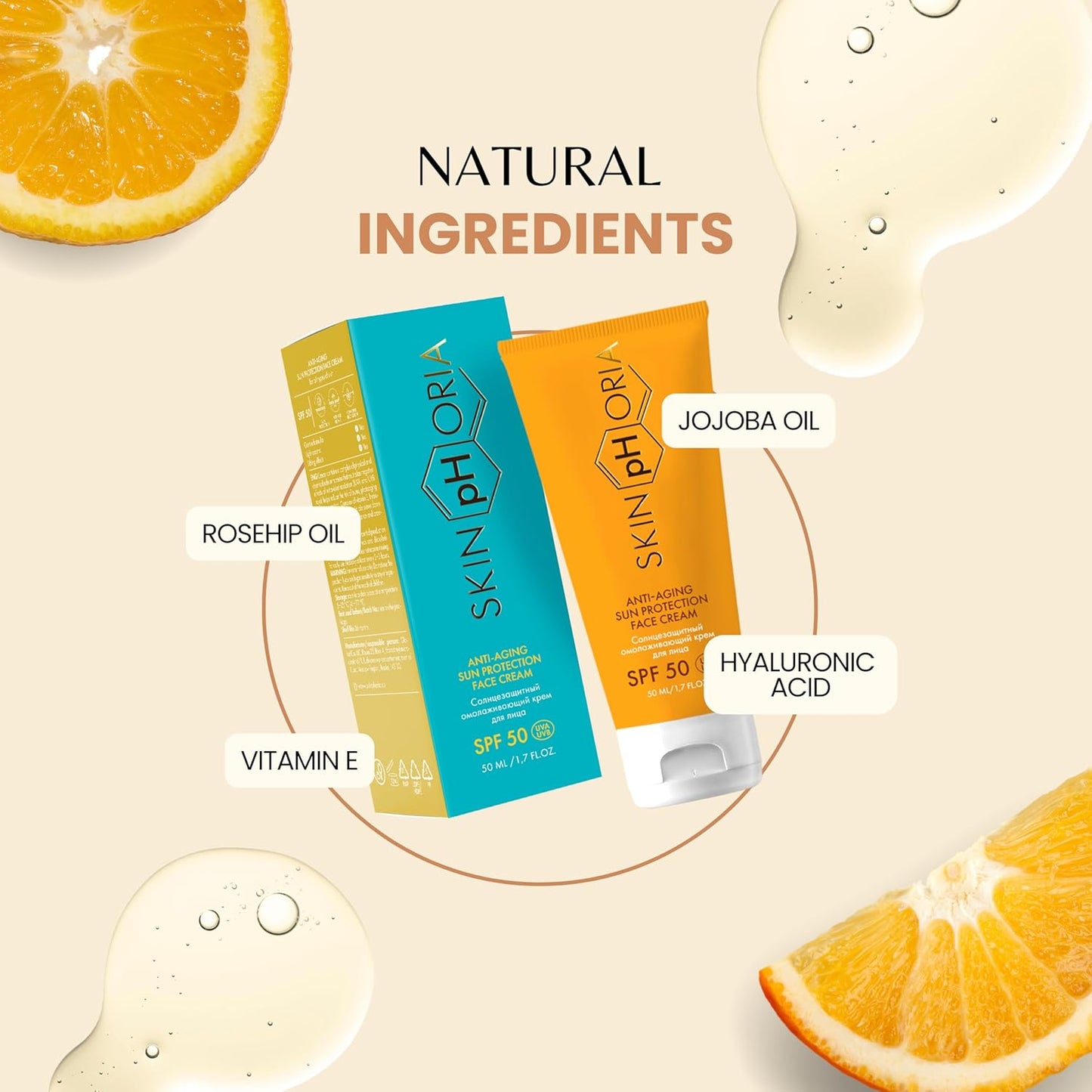 Anti-Aging Sun Protection Cream SPF 50 – Broad Spectrum Daily Face Cream for All Skin Types – Helps Protect Skin and Support a Youthful Glow – With Jojoba & Rosehip Oils – 50ml