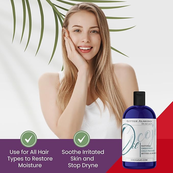 Dr Joe Lab Bitter Almond Oil - 8 oz Pure, Cold Pressed, Non-GMO, Vegan, Extra Virgin, All Natural, Perfect for Body, Hair, Skin, Nails, Facial Hair, Lashes, Eyebrows - Packaging May Vary