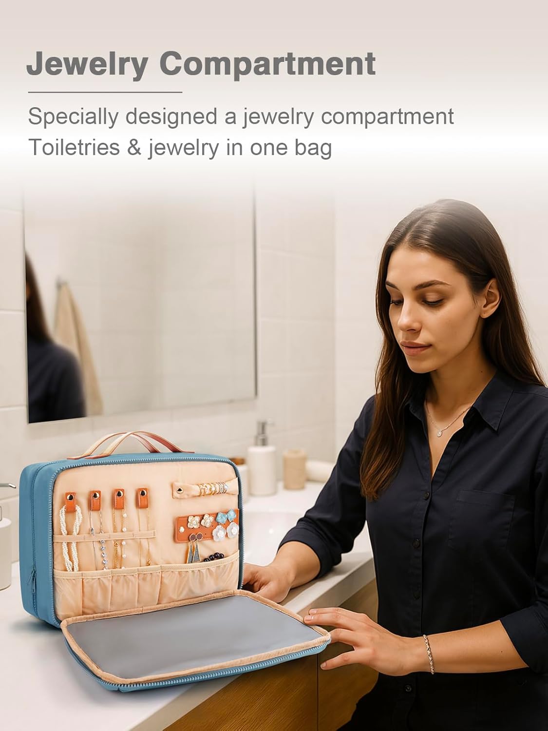 Women's Hanging Toiletry Bag, Waterproof Travel Cosmetic Organizer with Jewelry Storage, Large Capacity Makeup Case for Full-Size Skincare & Bathroom Essentials, Portable Cosmetic kit, Blue