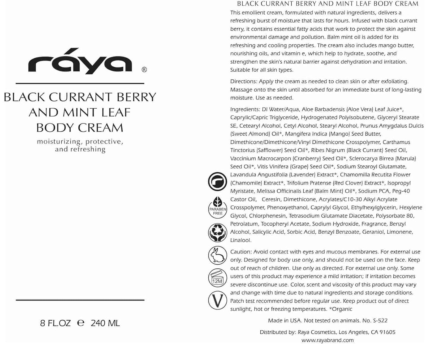 Raya Black Currant Berry and Mint Leaf Body Cream 8 oz (S-522) | Natural & Moisturizing Body Cream | Hydrates, Calms, and Prevents Dehydration and Irritation