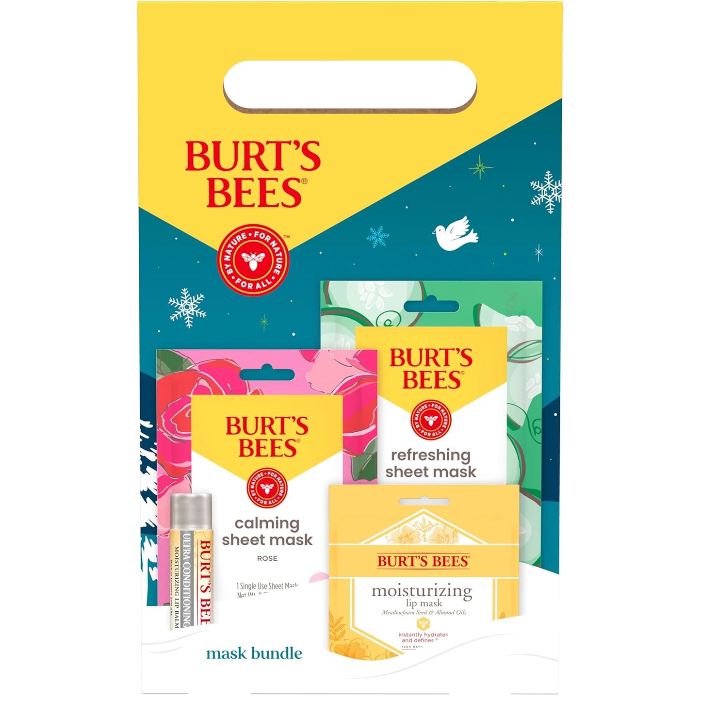 Burt’s Bees Mask Bundle Gift Set; , Ultra Conditioning Lip Balm and Moisturizing Lip, Refreshing Sheet and Calming Sheet Masks; Festive Packaging; 1 Gift Set (Pack of 6)