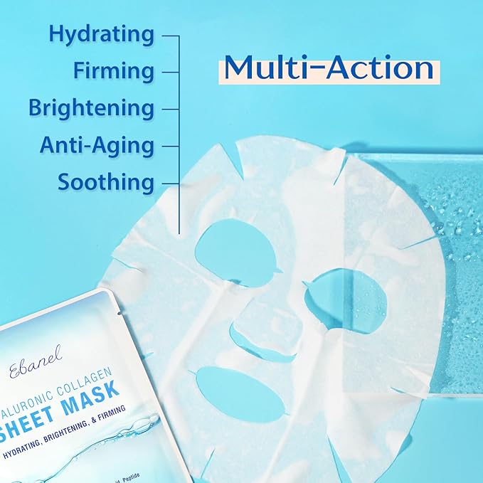 Ebanel 10 Pack Collagen Peptide Hydrating Face Masks, Instant Brightening Firming Anti Aging Face Sheet Masks, Moisturizing Spa Facial Mask Skincare with Hyaluronic Acid, Vitamin C, Chamomile, Aloe