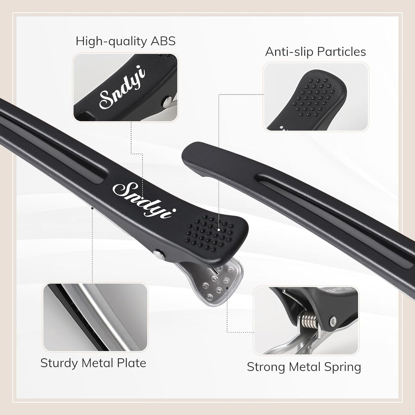 Sndyi Hair Sectioning Clips - Non-Slip Duck Billed With Silicone Band for Styling, Rollers - 6Pcs, Black - for Hairdressers, Barbers, Women, Men