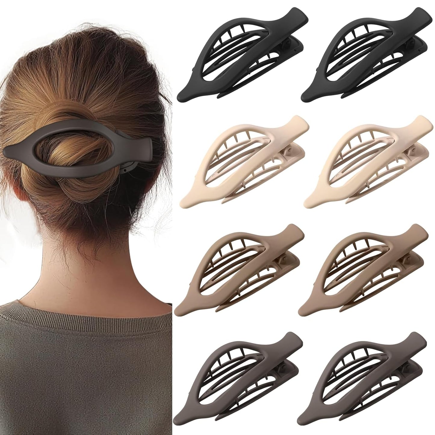 8 Pack French Flat Hair Clips for Women– Large Matte No-Slip Claw Barrettes in Black, Beige, Light Brown & Dark Brown,Strong Hold for Thick & Thin Hair