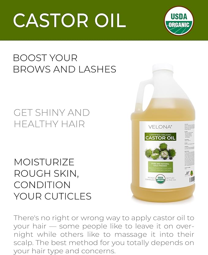 velona USDA Certified Organic Castor Oil - 64 fl oz | For Hair, Boost Eyelashes, Eyebrows | Cold pressed, Natural Oil, USP Grade | Hexane Free