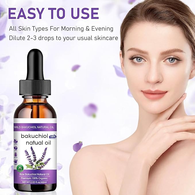 Bakuchiol Oil Organic, Natural Bakuchiol Serum for Face, Vegan Retinol Alternative with Squalane, Sensitive Skin Safe Soothes Irritated Skin, Reduces Fine Lines, Wrinkles(2Pcs- 2 Fl.oz)