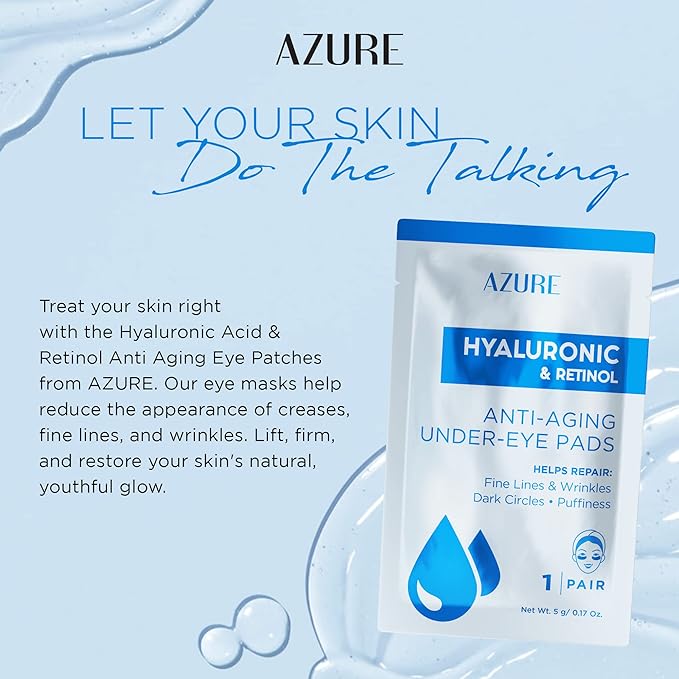 Azure Cosmetics Hyaluronic & Retinol Anti Aging Under Eye Pads- Moisturizing & Rejuvenating Eye Mask Patches - Reduces Fine Lines, Wrinkles, Dark Circles & Puffiness - Made in Korea - 5 Pairs