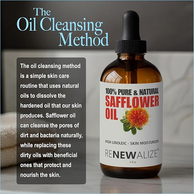 SAFFLOWER SEED OIL FACE MOISTURIZER - 4 oz. Dark Glass Bottle with Dropper | High linoleic facial serum regimen for acne and oily skin | Best all natural breakout skincare treatment for men and women