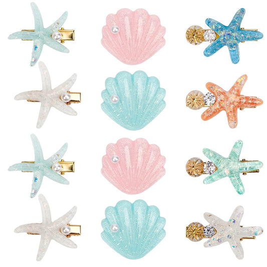 12 Pieces Shell Pearl Starfish Hair Clip Set, Catcan Seashell Hair Clips Starfish Alligator Clips for Women Headwear Styling Tools Accessories (classic style)