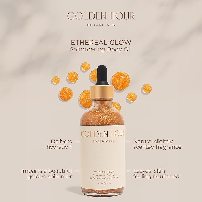 Organic Skincare Products Made in USA, Vegan, Cruelty Free, Moisturizing + Hydrating Shimmer Gold Glitter Body Oil, 4fl oz/118ml, Ethereal Glow