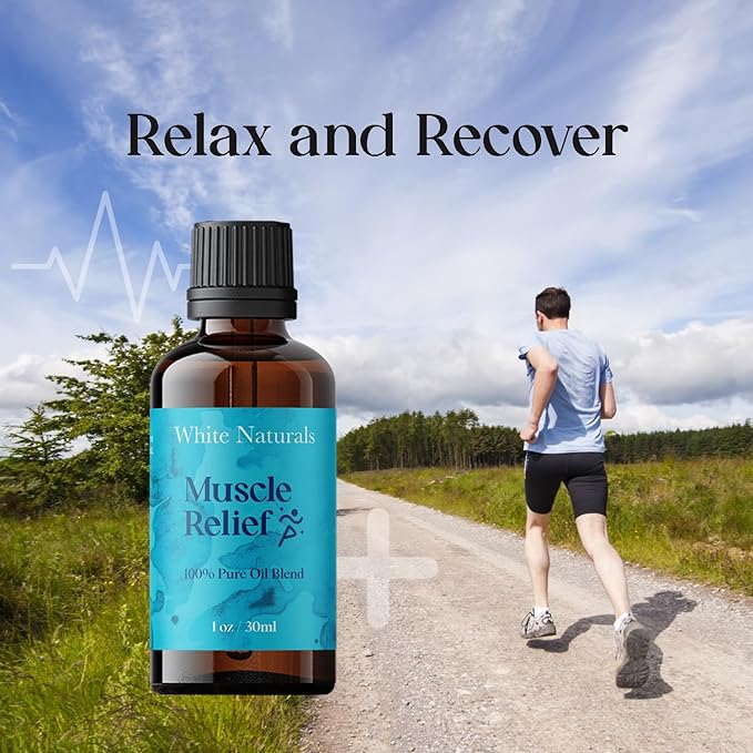 White Naturals Muscle Relief Essential Oil Blend – Natural Soothing Oil for Sore Muscles & Joint Discomfort, 100% Pure & Therapeutic Essential Oils for Pain Relief & Relaxation, 1oz