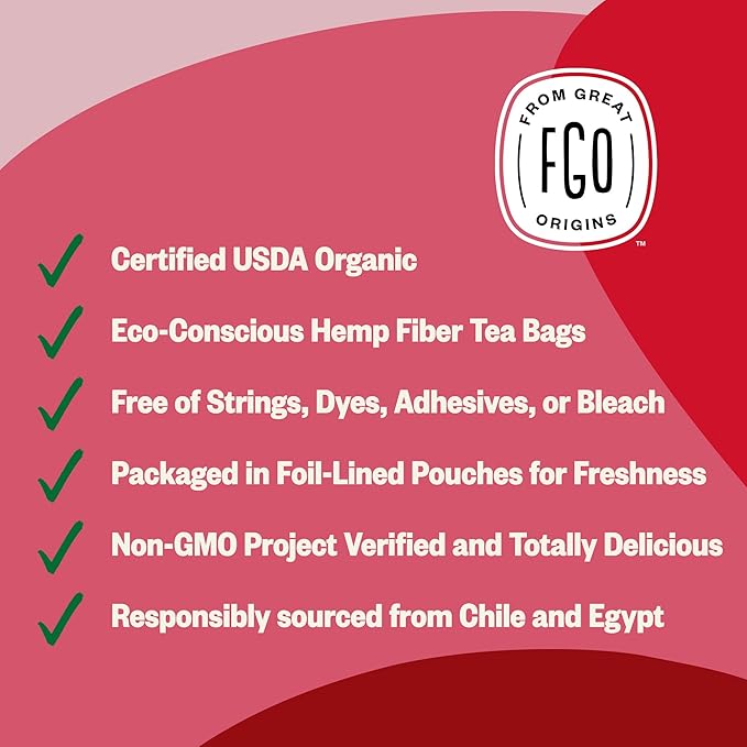 FGO Organic Rosehips Tea, 20 Count, Eco-Conscious Herbal Tea Bags, Resealable Bag, Caffeine Free, Packaging May Vary (Pack of 1)