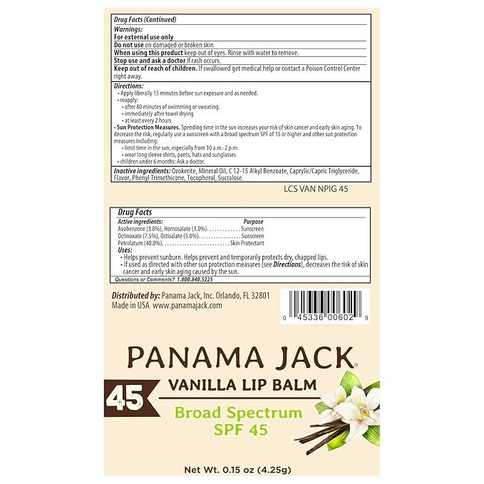 Panama Jack Sunscreen Lip Balm - SPF 45, Broad Spectrum UVA-UVB Sunscreen Protection, Prevents & Soothes Dry, Chapped Lips, Vanilla, 3-pack