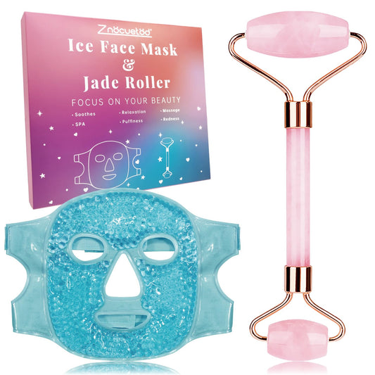 ZNÖCUETÖD Ice Face Facial Jade Roller and Ice Face Mask Cold Cooling Gel Mask Gift Set for Women Aging Wrinkles Lifting Firming Puffy Eyes, Eye Face Neck Roller Massager SPA Tools