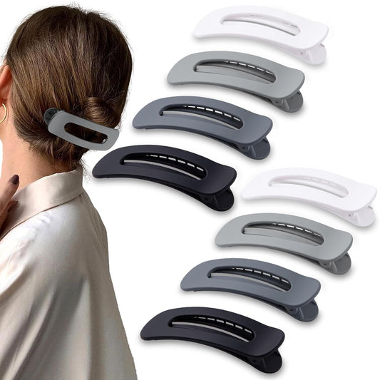 8 Pcs Large Lay Flat Claw Clips for Women French Side Slide Barrettes for Thin Fine Hair Rectangle Alligator Hair Accessories,Matte Black Gray White