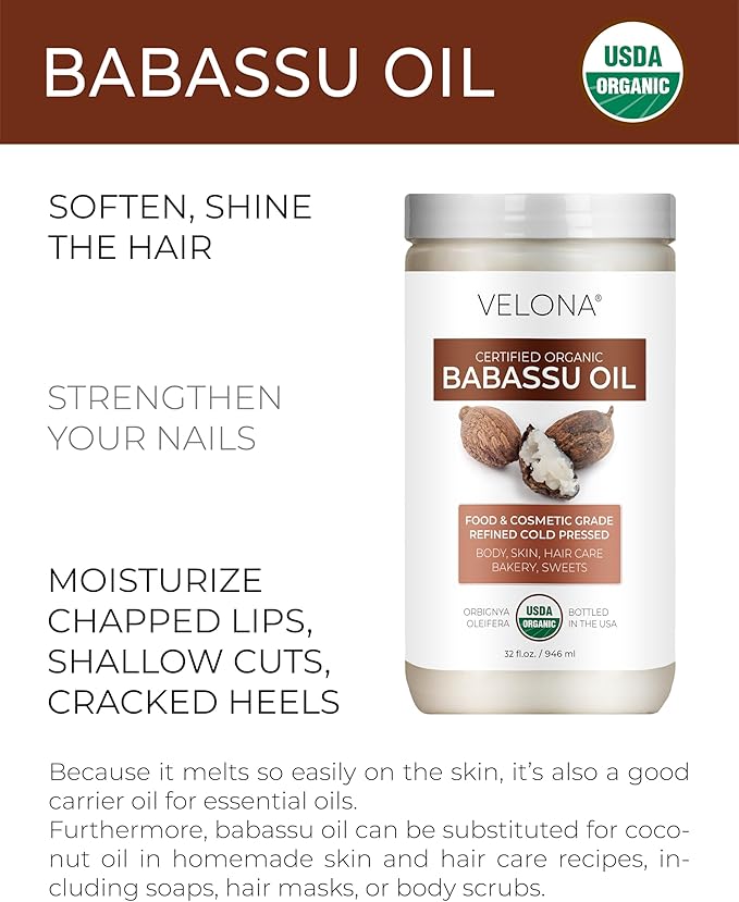 velona Babassu Oil USDA Certified Organic - 64 Fl Oz | 100% Pure and Natural Carrier Oil | Refined, Cold Pressed