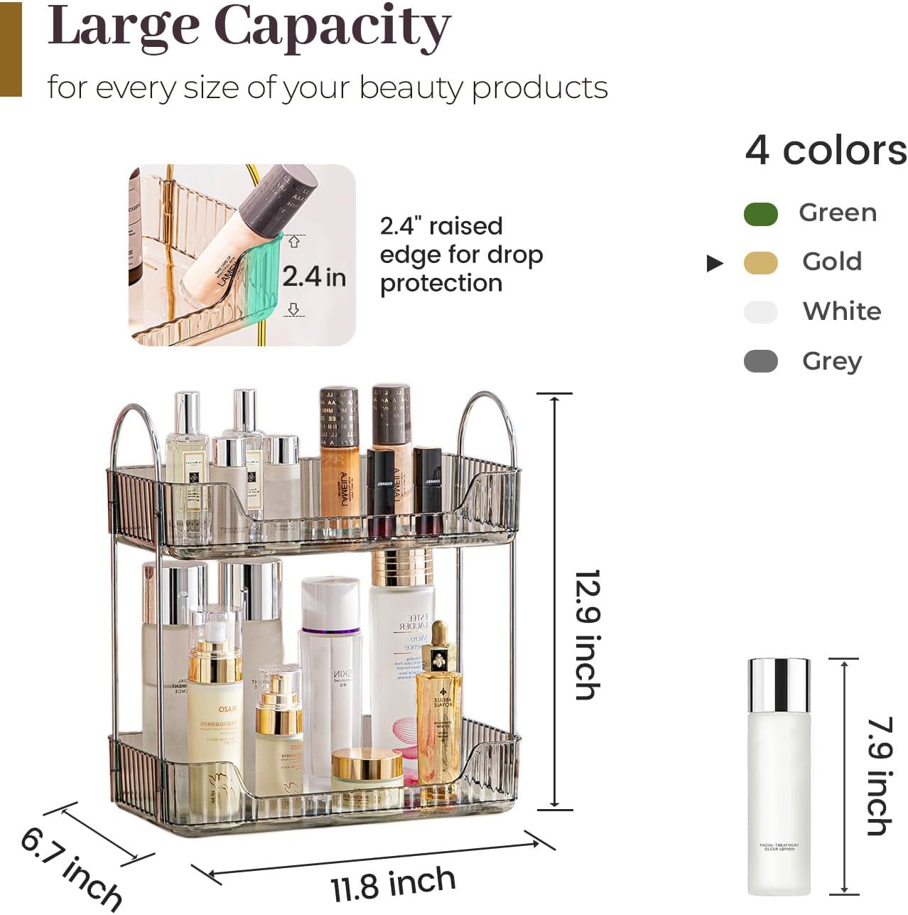 Aveniee Bathroom Counter Organizer Countertop, Makeup Perfume Shelf Storage, 2 Tier Skincare Cosmetic Tray for Dresser Vanity - Grey