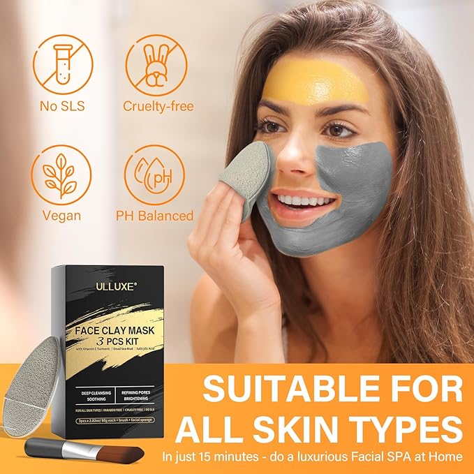 Facial Clay Mask Set - Vitamin C Face Mask with Turmeric, Dead Sea Mud & Salicylic Acid Mask for Pores Cleansing, Blackheads, Dark Spots, Brightening, Face Masks Skincare Gift for Women, 2.82 oz each