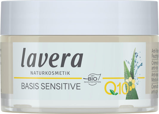 lavera Basis Sensitive Anti Wrinkle Moisturizing Cream - Face Cream with Q10 & Aloe Vera - Moisturizing Facial Cream - Anti Aging Cream - PETA Certified - Vegan - Made in Germany - 1.7 Fl Oz