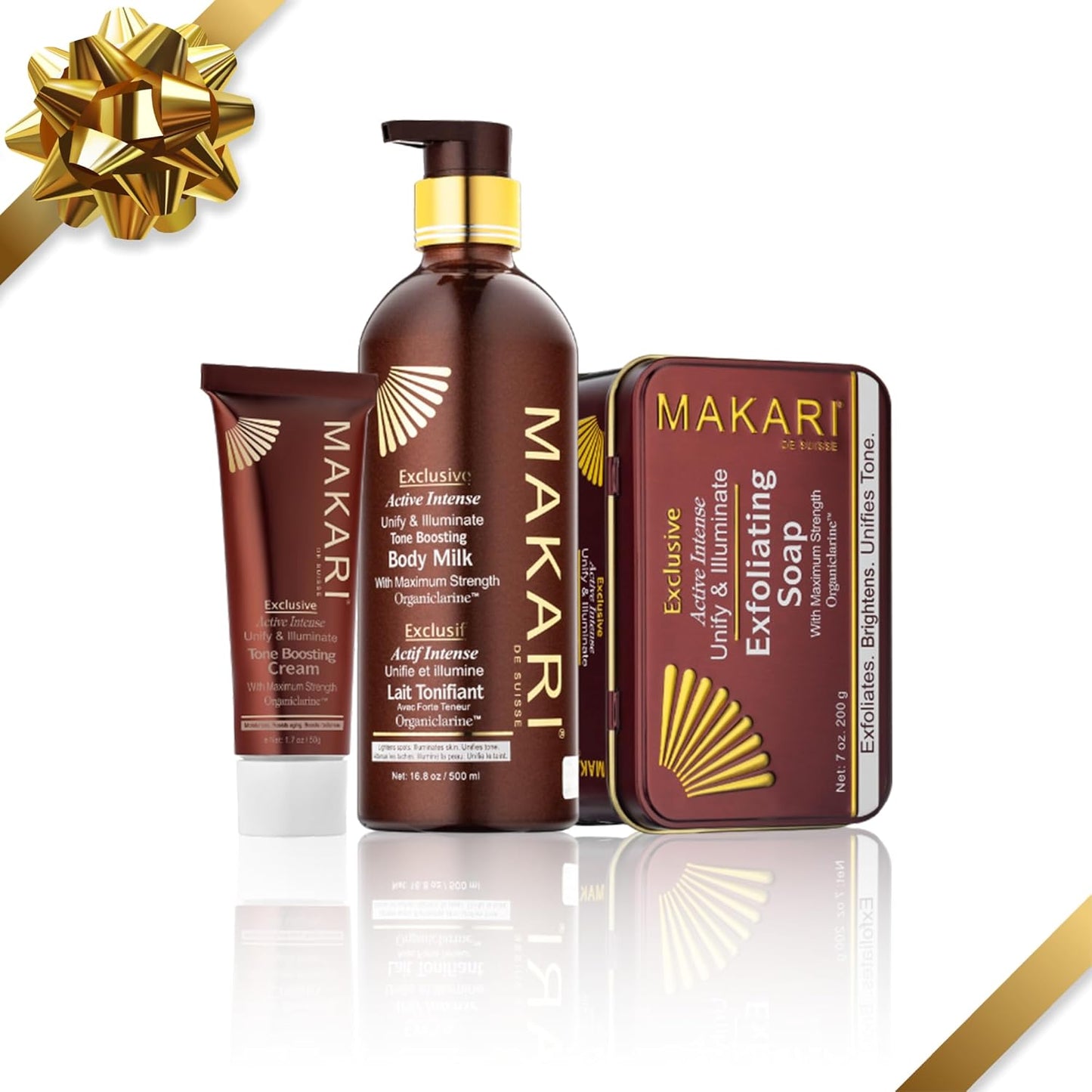 MAKARI Exclusive 3 Piece Skincare Gift Set - Exfoliating Soap, Body Milk & Face Cream Formulated with Organiclarine Ideal for All Skin Types, Botanical Self Care Kit for Women