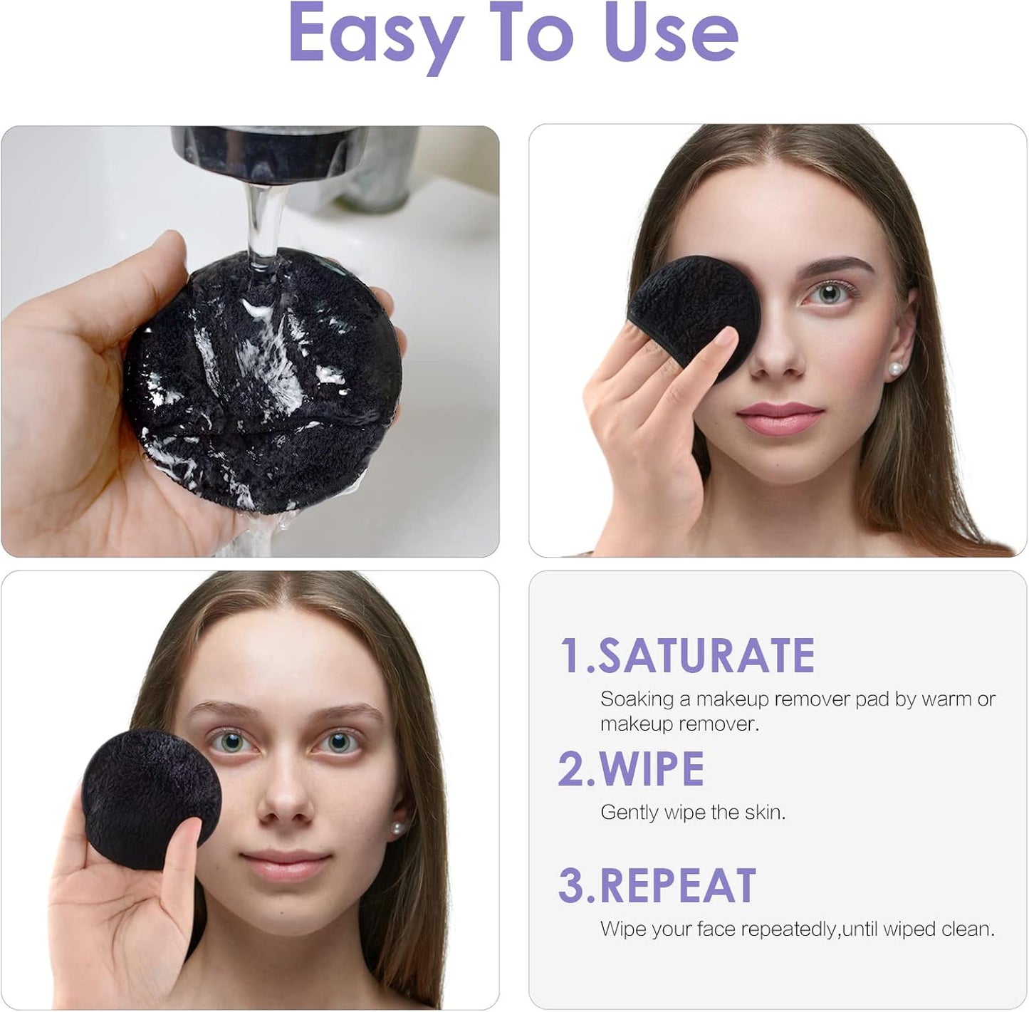 SUNLAND Reusable Makeup Remover Pads for Face,Eyes ,Lips 16 Pack Microfiber Face Cleansing Gloves Washable with Laundry Bag and Travel Bag Rounds Toner Pads (round 3.15inchx16, Black)