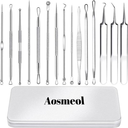 15 PCS Pimple Popper Tool Kit,Blackhead Remover Comedone Extractor Tools,Professional Pimple Comedone Extractor,Stainless Steel Skin Blemish Removal Acne Tools for Forehead Nose Face with Metal Case