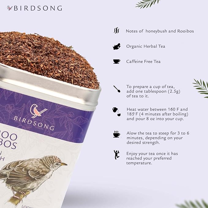 Birdsong Karoo Rooibos: Organic Rooibos Herbal Teas, Light and Refreshing Caffeine Free Tea with 100% Natural Sweet Flavor, South African Honeybush Red Tea, 20 Pyramid Tea Sachets
