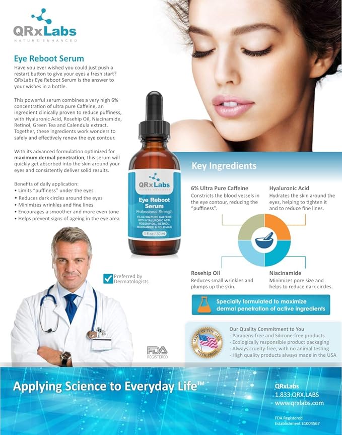 Eye Reboot Serum with 6% Caffeine, Hyaluronic Acid, Retinol & Niacinamide – Hydrating Formula For Delicate Eye Area – Helps Visibly Reduce Puffiness, Fine Lines & Dark Circles – Improves Skin Texture