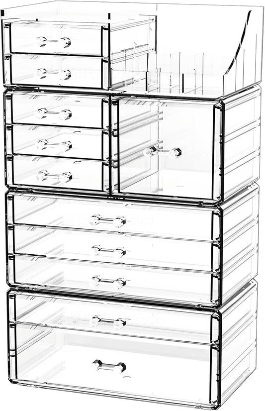 Acrylic Clear Makeup Organizer Countertop,Stackable Skincare Organizer for Vanity With 11 Drawer,Large Plastic Desk Accessories Organization,Bathroom Cosmetic Organizer Countertop for Beauty,Skin Care