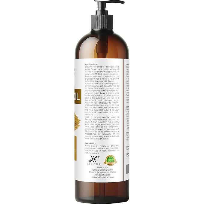 velona Sesame Seed Oil 8 fl oz | 100% Pure and Natural Carrier Oil | Refined, Expeller Pressed | Cooking, Skin, Hair, Body & Face Moisturizing | Use Today - Enjoy Results